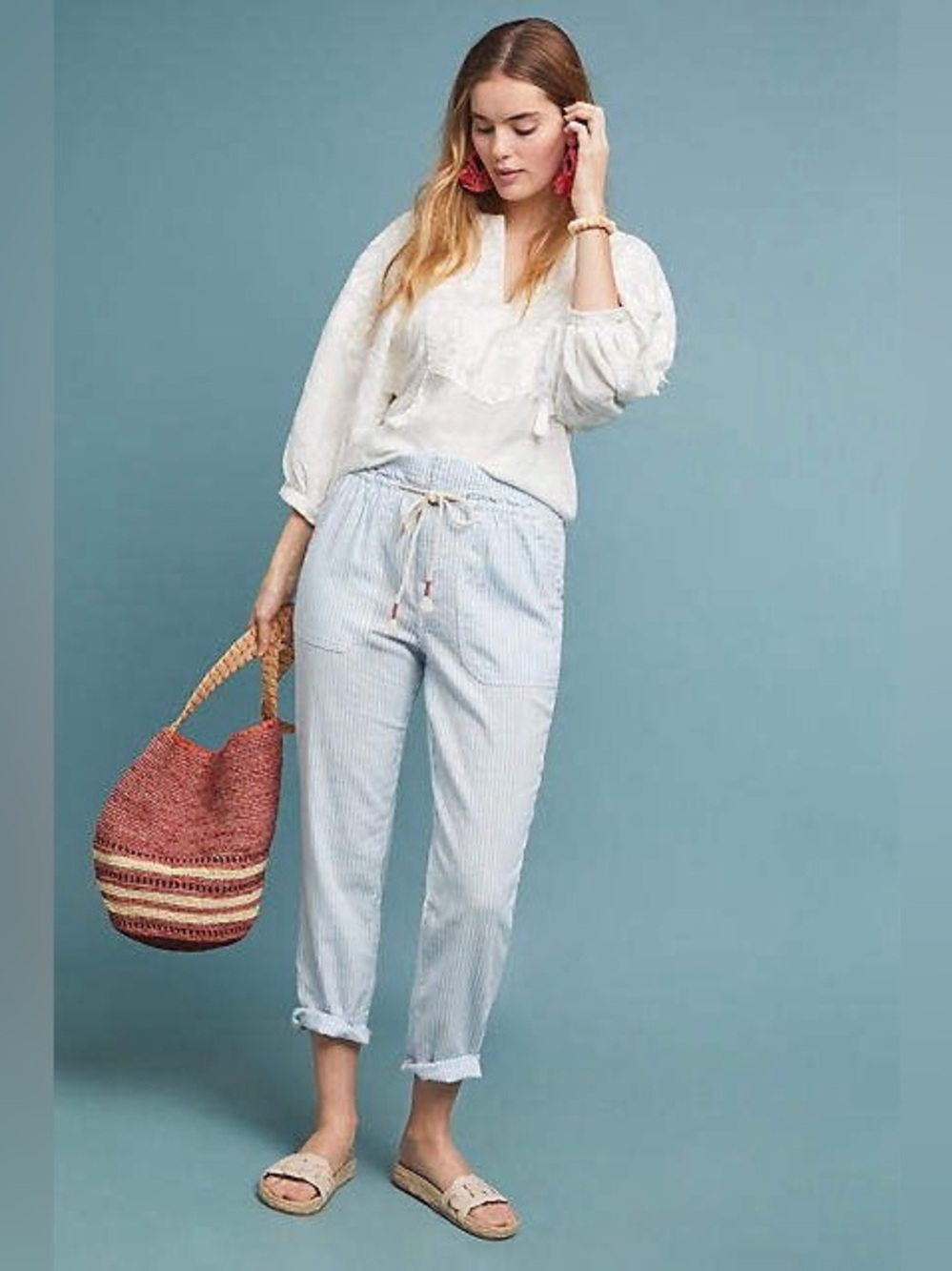 Anthropologie Seashore
Stripes Linen Blend Beachy
Pants Blue & White Size Small